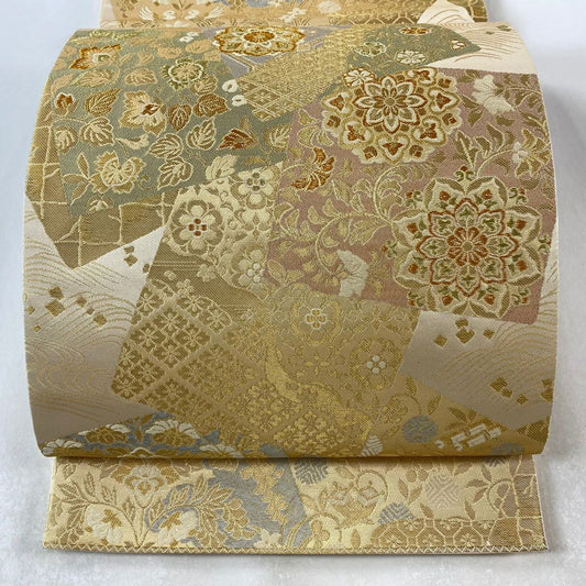 袋帶 秀品級 關西仕立 單層 草花紋紋 金糸 金金箔 米色 六通 純蠶絲