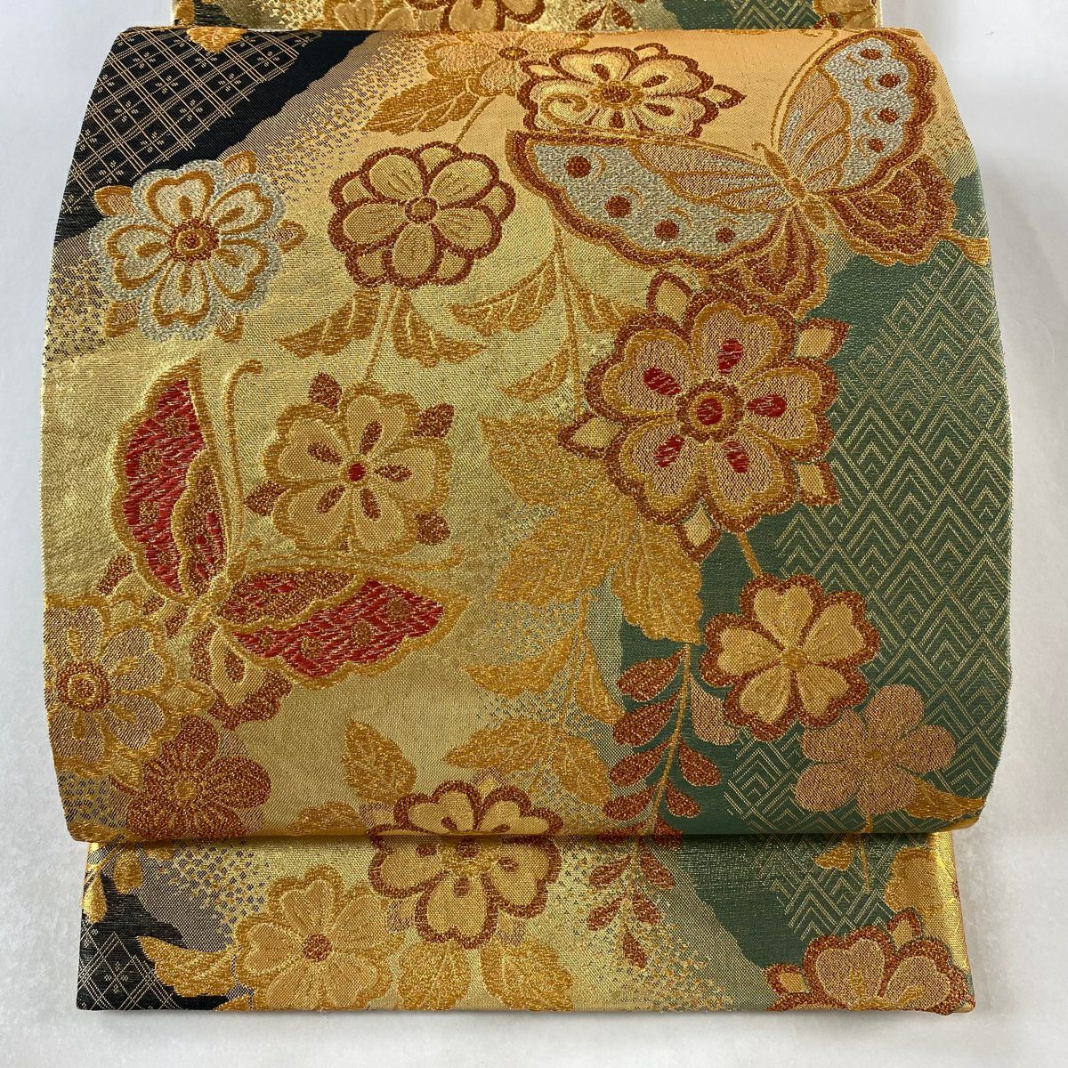 袋帶 美品 秀品級 振袖禮服禮服用 蝶花 櫻花 金絲 金金箔 金色 六通 純蠶絲