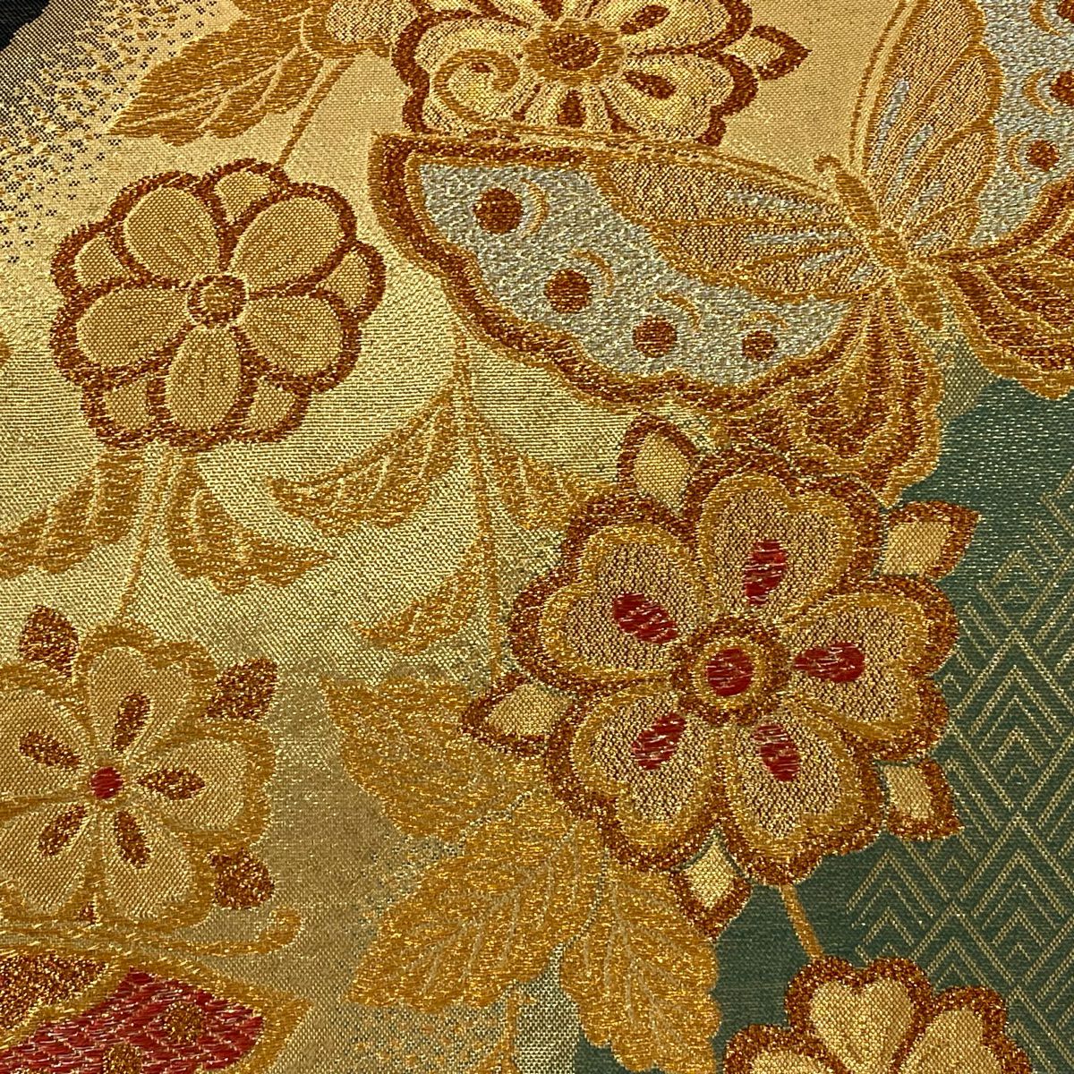 袋帶 美品 秀品級 振袖禮服禮服用 蝶花 櫻花 金絲 金金箔 金色 六通 純蠶絲