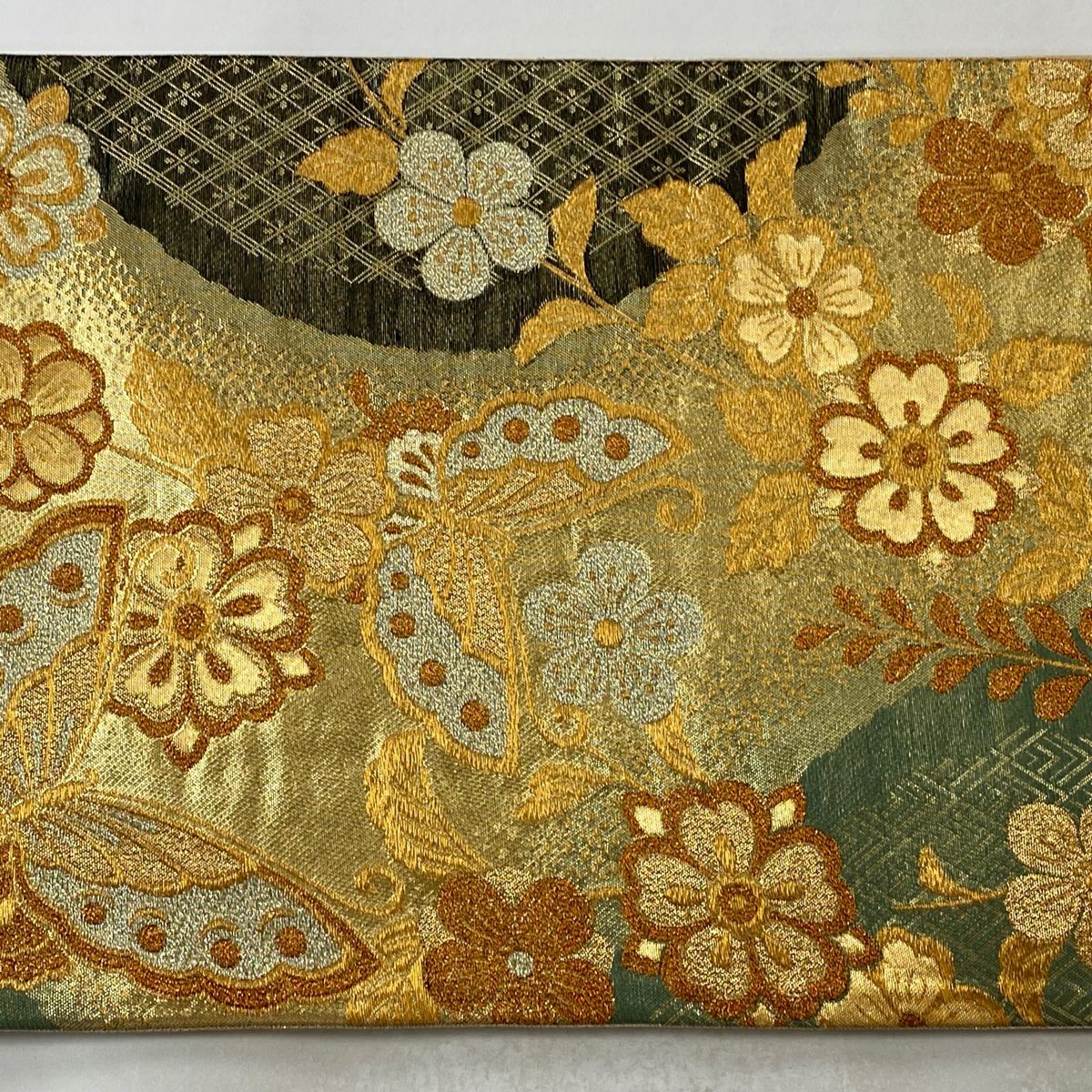袋帶 美品 秀品級 振袖禮服禮服用 蝶花 櫻花 金絲 金金箔 金色 六通 純蠶絲