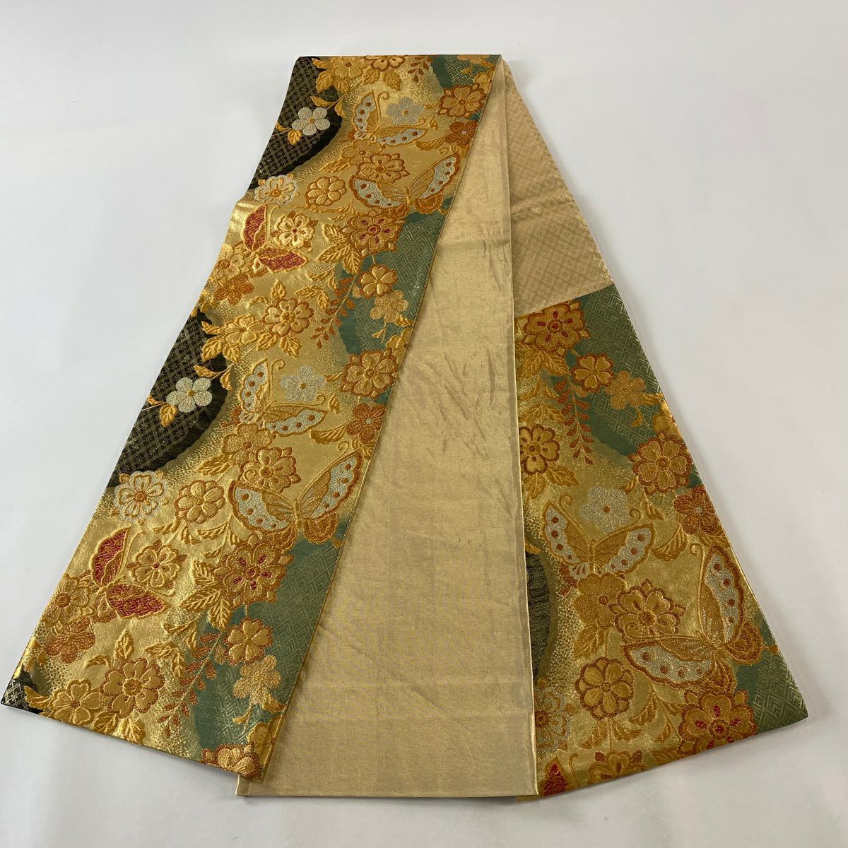 袋帶 美品 秀品級 振袖禮服禮服用 蝶花 櫻花 金絲 金金箔 金色 六通 純蠶絲