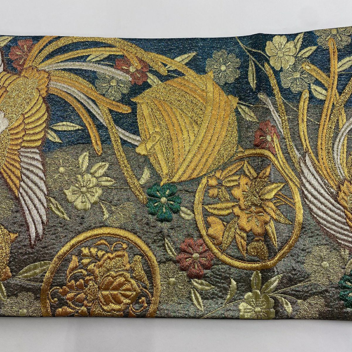 袋帶 美品 秀品級 尾長鳥 糸卷 金金箔 青綠 六通 純蠶絲