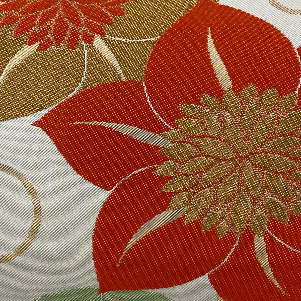 袋帶 秀品級 有落款 關西仕立 花唐草紋 金糸 金金箔 奶油色 全通 純蠶絲