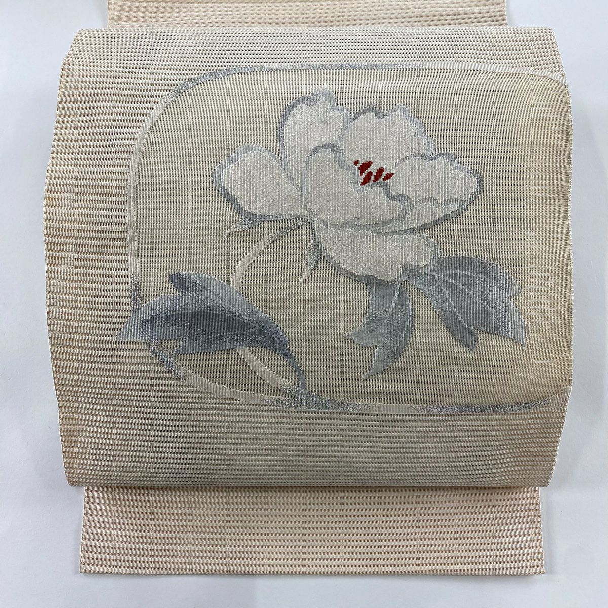 名古屋帶 秀品級 八寸名古屋帶 松樹葉仕立 夏帶 絽 草花紋紋 銀線 粉米色 純蠶絲