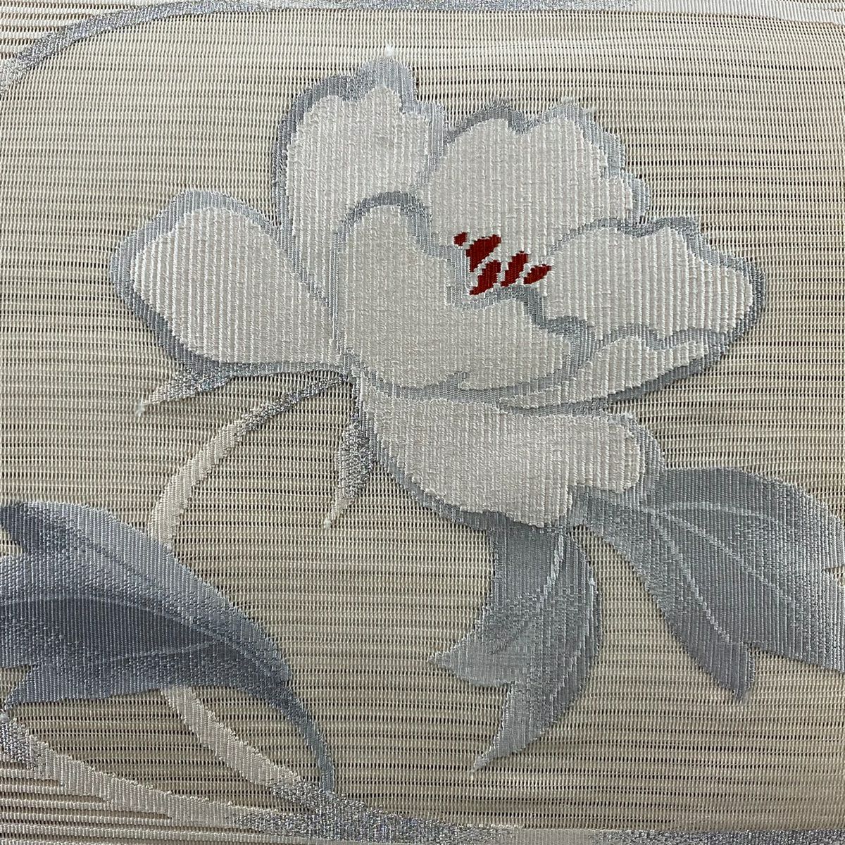 名古屋帶 秀品級 八寸名古屋帶 松樹葉仕立 夏帶 絽 草花紋紋 銀線 粉米色 純蠶絲