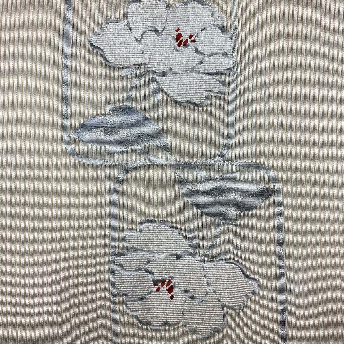 名古屋帶 秀品級 八寸名古屋帶 松樹葉仕立 夏帶 絽 草花紋紋 銀線 粉米色 純蠶絲