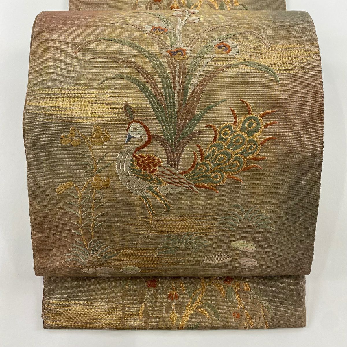 袋帶 秀品級 花鳥 霞 金絲 金金箔 灰茶 六通 純蠶絲