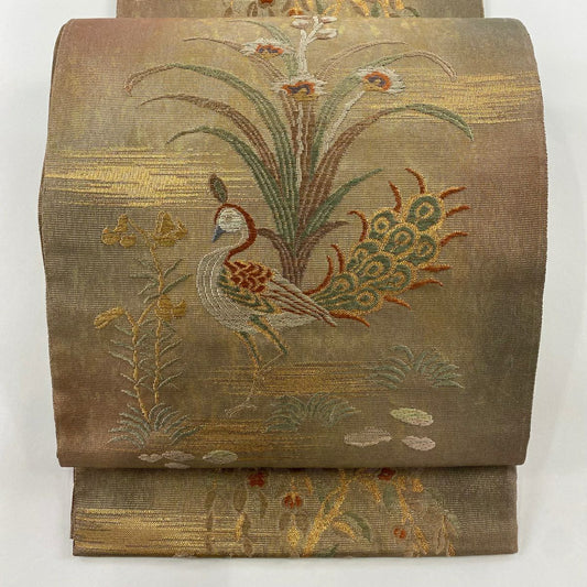 袋帶 秀品級 花鳥 霞 金絲 金金箔 灰茶 六通 純蠶絲