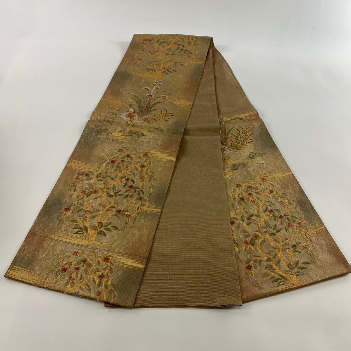 袋帶 秀品級 花鳥 霞 金絲 金金箔 灰茶 六通 純蠶絲