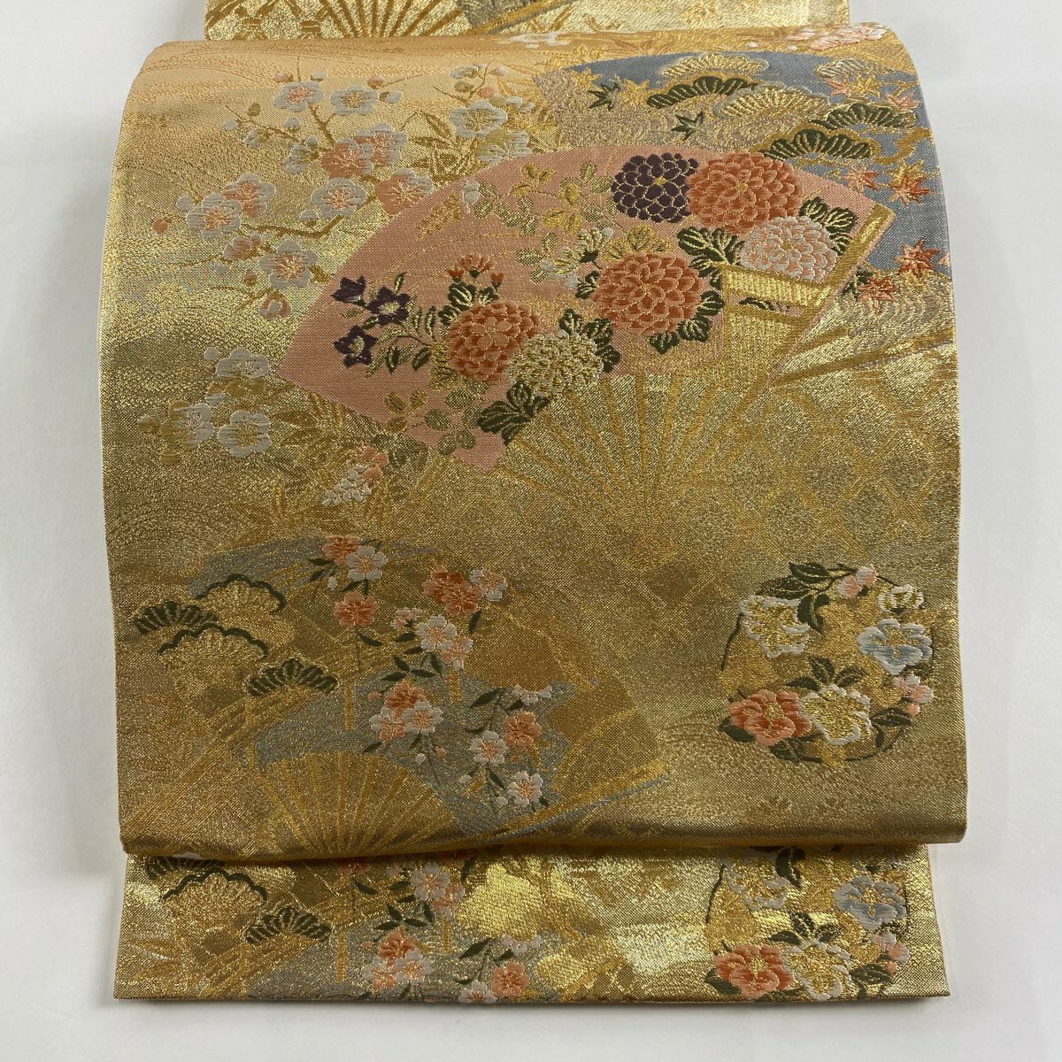 袋帶 美品 秀品級 扇子花丸紋 金絲 金金箔 金 六通 純蠶絲
