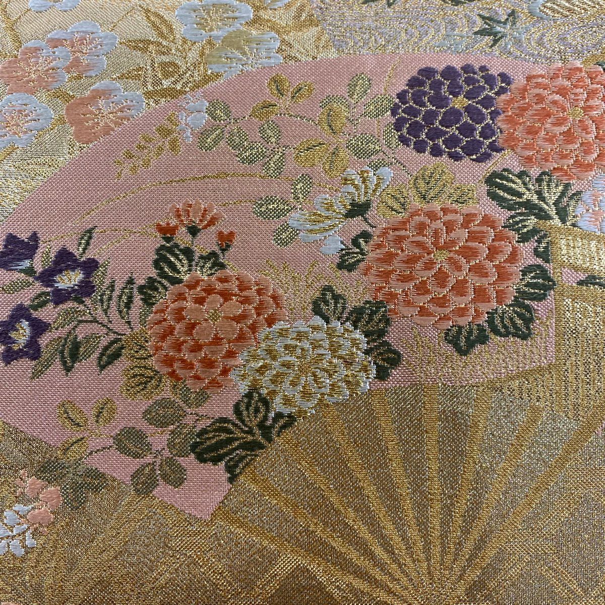 袋帶 美品 秀品級 扇子花丸紋 金絲 金金箔 金 六通 純蠶絲