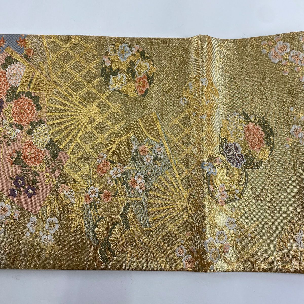 袋帶 美品 秀品級 扇子花丸紋 金絲 金金箔 金 六通 純蠶絲