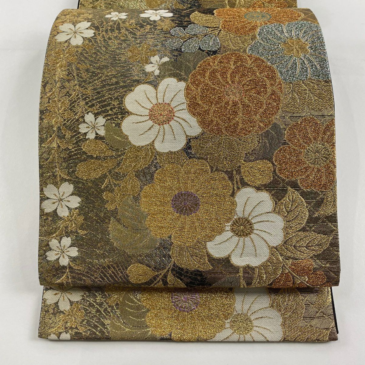 袋帶 美品 秀品級 草花紋紋 波 金絲 金金箔 金色 六通 純蠶絲