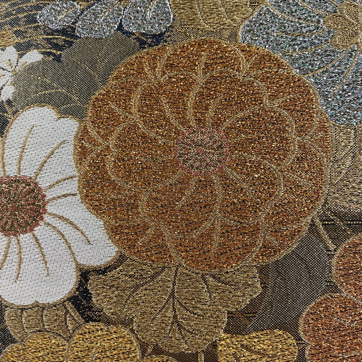 袋帶 美品 秀品級 草花紋紋 波 金絲 金金箔 金色 六通 純蠶絲