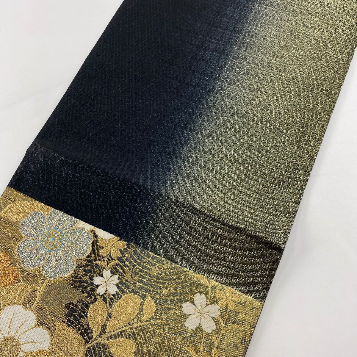 袋帶 美品 秀品級 草花紋紋 波 金絲 金金箔 金色 六通 純蠶絲