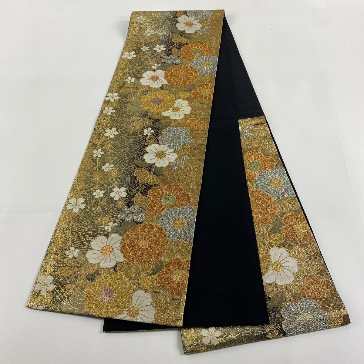 袋帶 美品 秀品級 草花紋紋 波 金絲 金金箔 金色 六通 純蠶絲