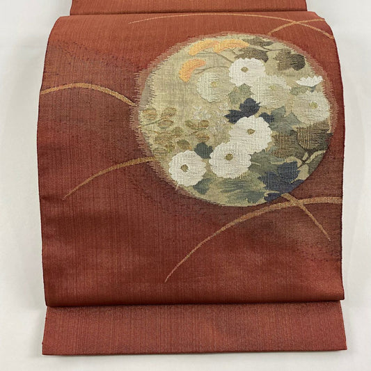 袋帶 秀品級 秋草 金糸 紅茶 お太鼓圖案 純蠶絲