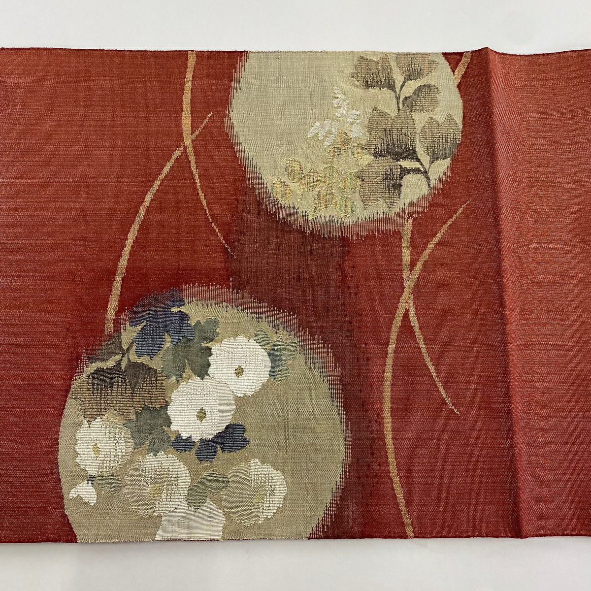 袋帶 秀品級 秋草 金糸 紅茶 お太鼓圖案 純蠶絲