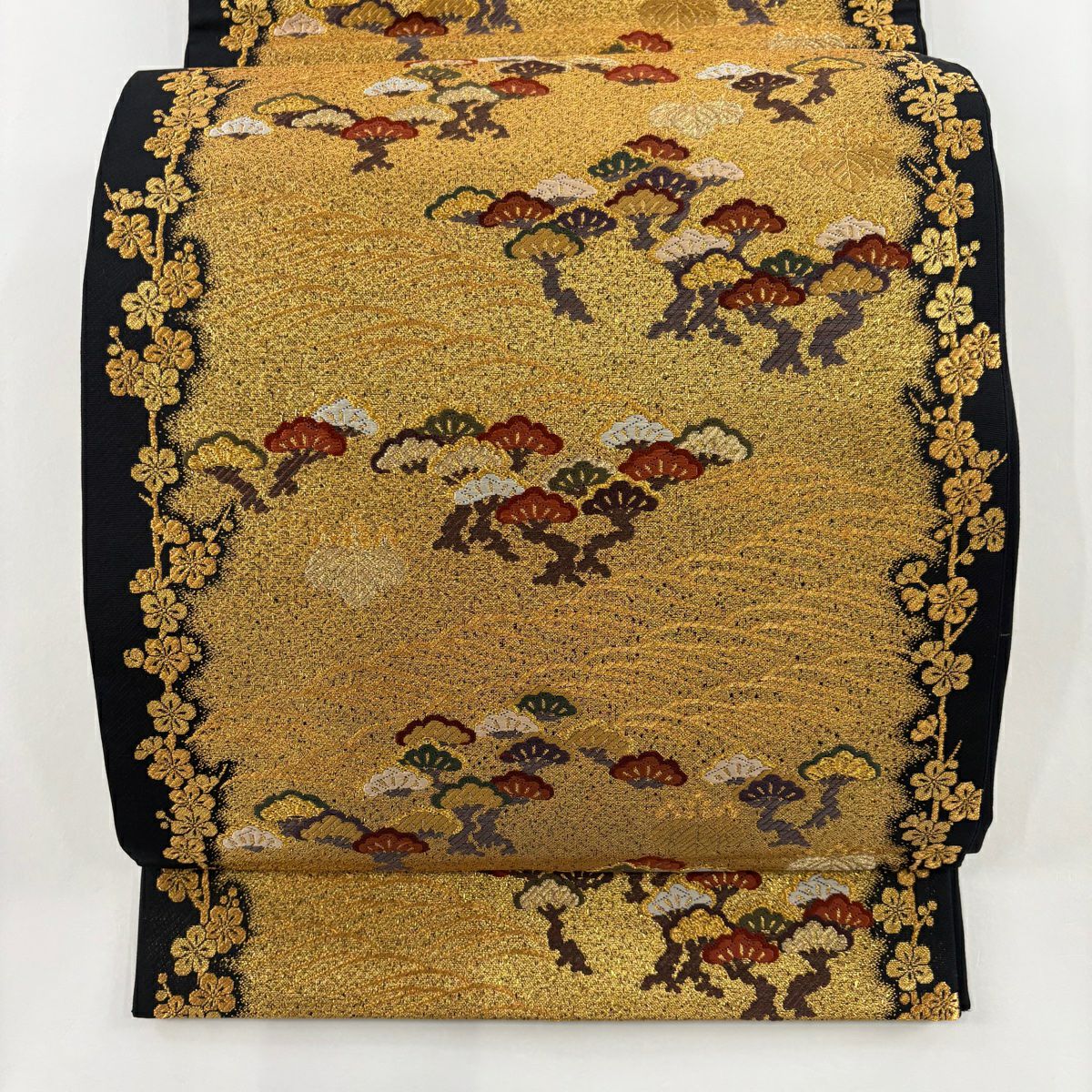 袋帶 美品 秀品級 松樹梅花 桐 刺繡 金線 金色 六通 純蠶絲