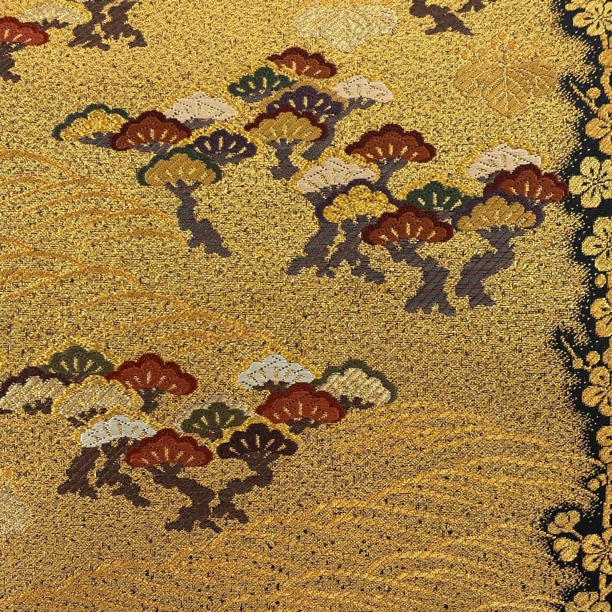 袋帶 美品 秀品級 松樹梅花 桐 刺繡 金線 金色 六通 純蠶絲