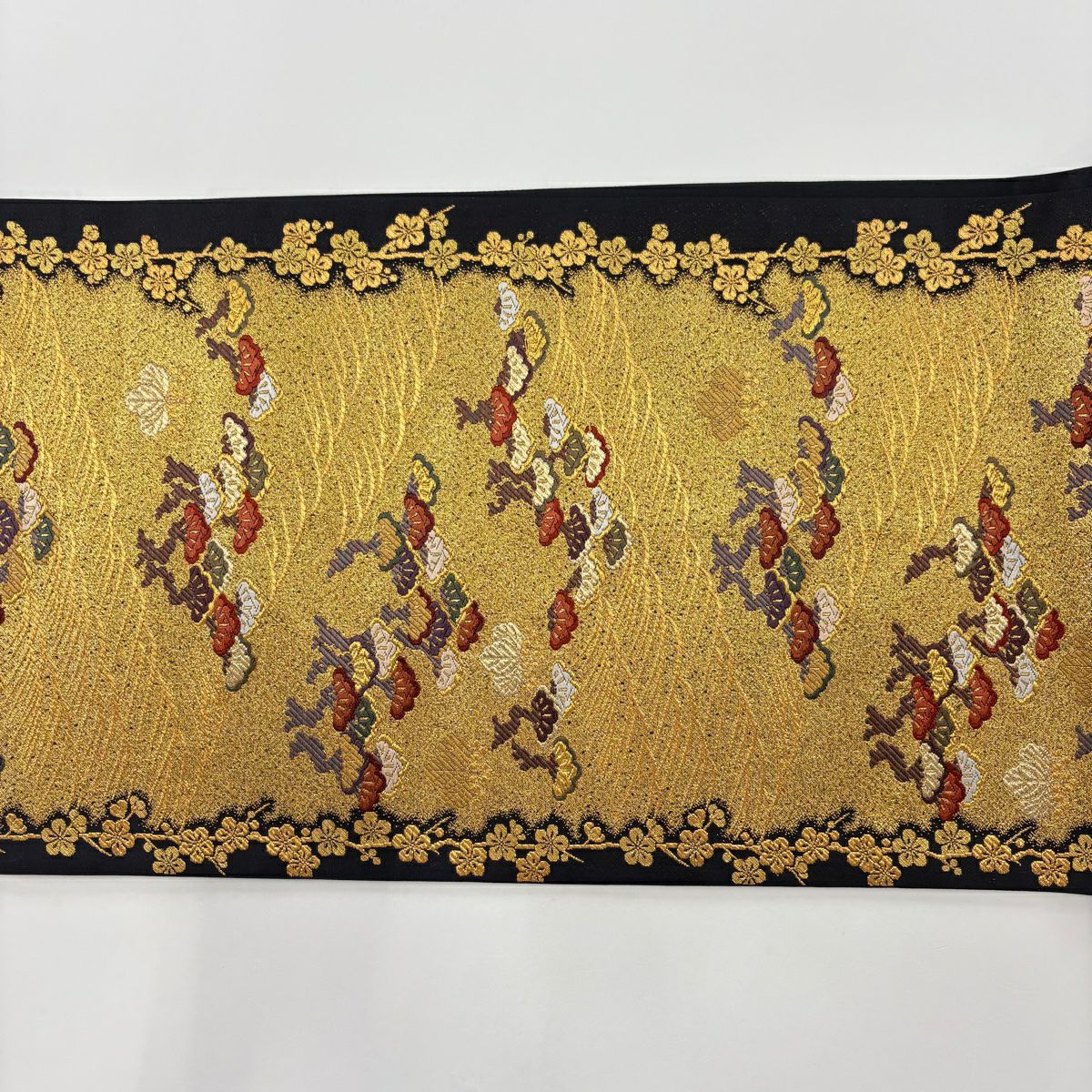 袋帶 美品 秀品級 松樹梅花 桐 刺繡 金線 金色 六通 純蠶絲