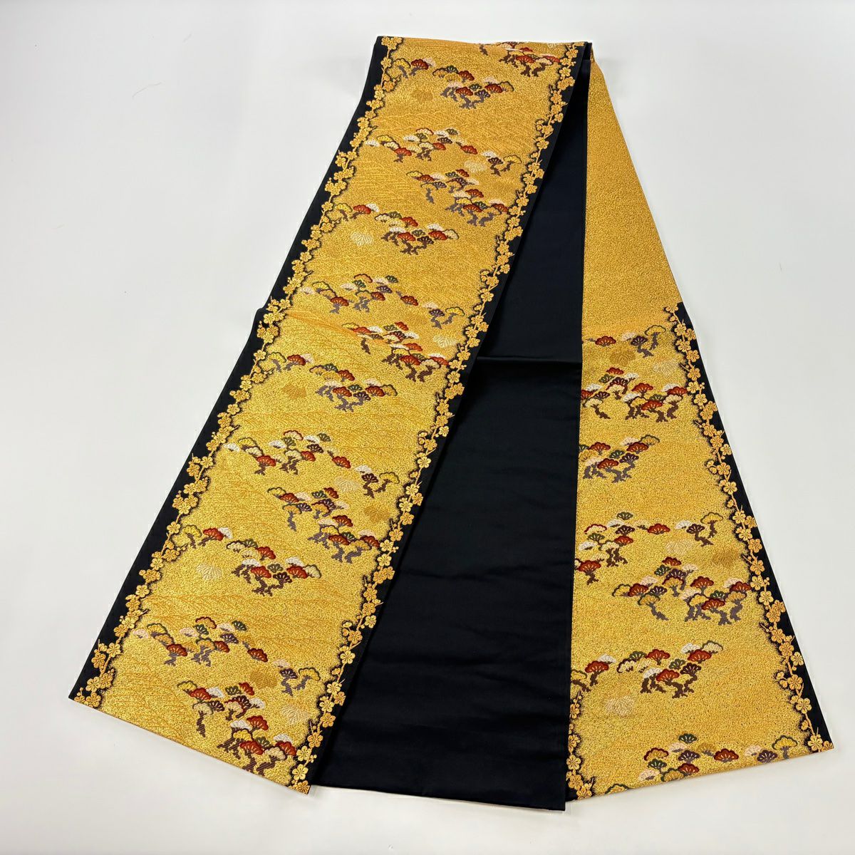 袋帶 美品 秀品級 松樹梅花 桐 刺繡 金線 金色 六通 純蠶絲