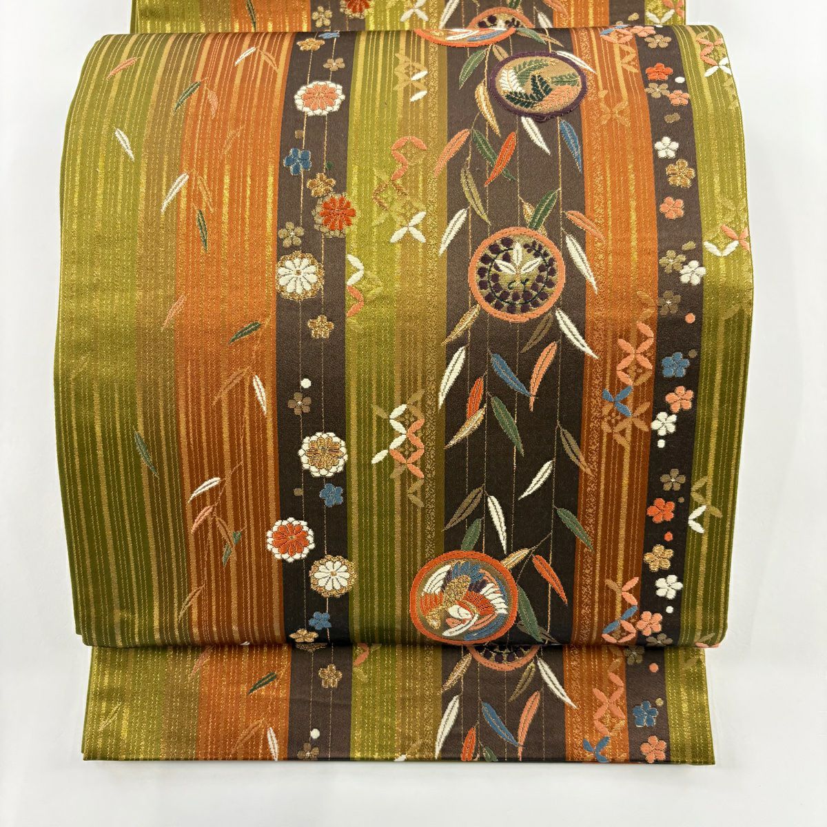 袋帶 美品 秀品級 草花紋紋 鳳凰 刺繡 金線 鶯色 六通 純蠶絲