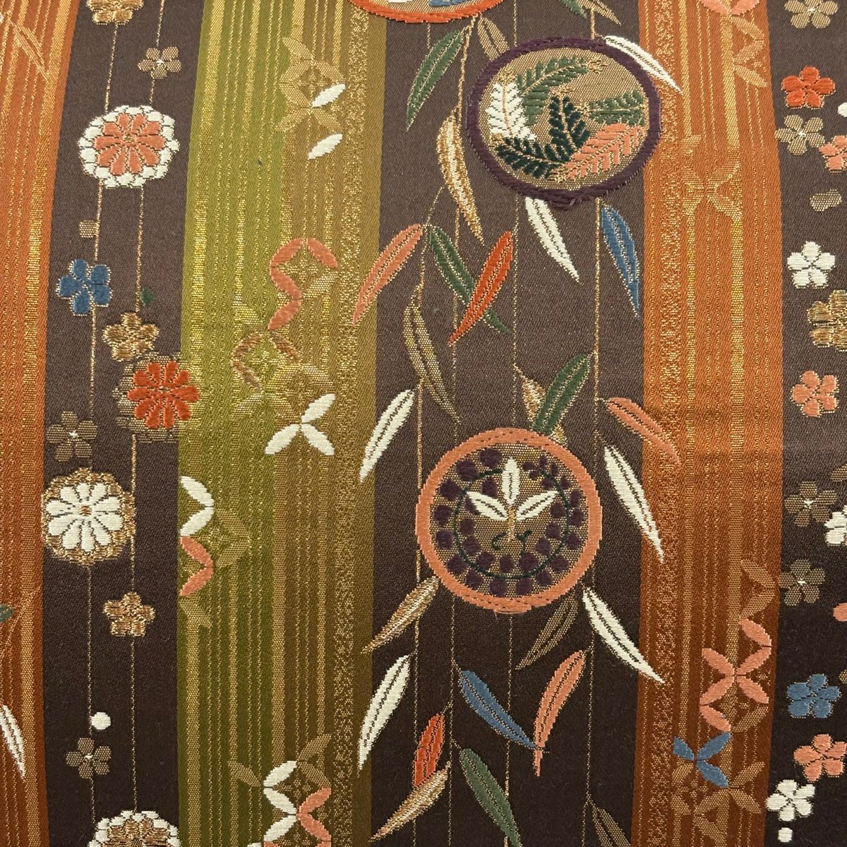 袋帶 美品 秀品級 草花紋紋 鳳凰 刺繡 金線 鶯色 六通 純蠶絲