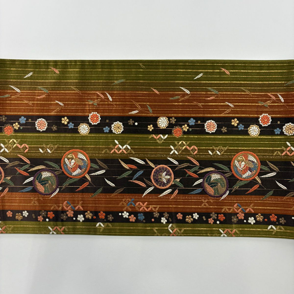 袋帶 美品 秀品級 草花紋紋 鳳凰 刺繡 金線 鶯色 六通 純蠶絲