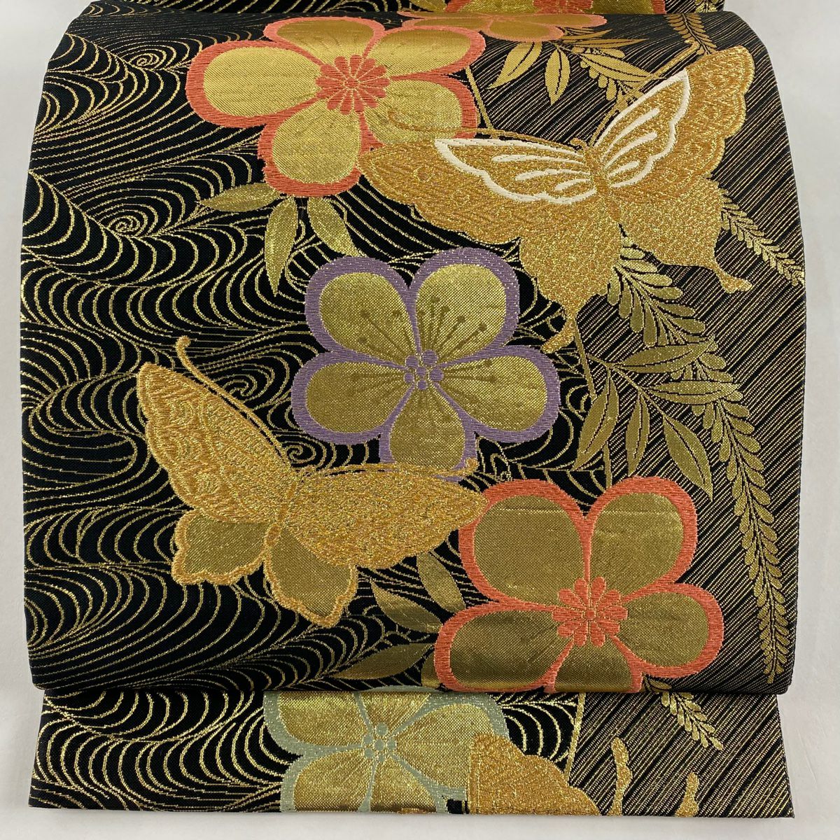袋帶 美品 秀品級 蝶 梅花 金絲 金金箔 黑 六通 純蠶絲