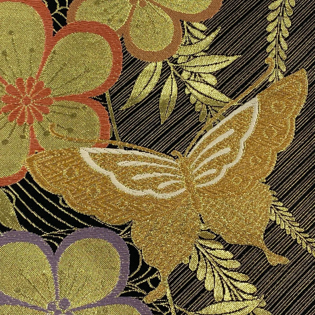 袋帶 美品 秀品級 蝶 梅花 金絲 金金箔 黑 六通 純蠶絲