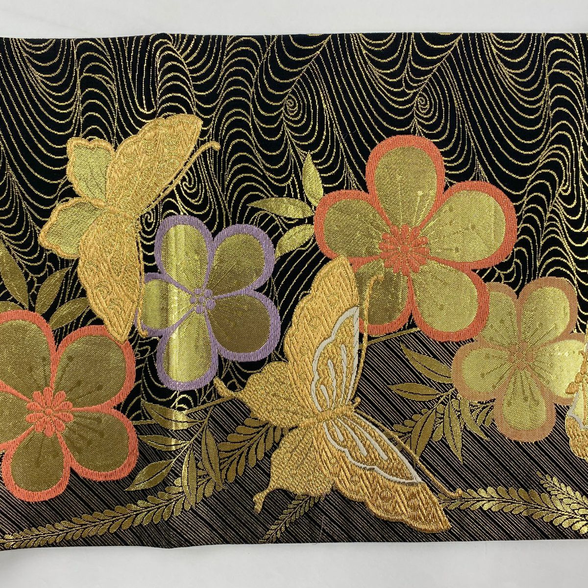 袋帶 美品 秀品級 蝶 梅花 金絲 金金箔 黑 六通 純蠶絲
