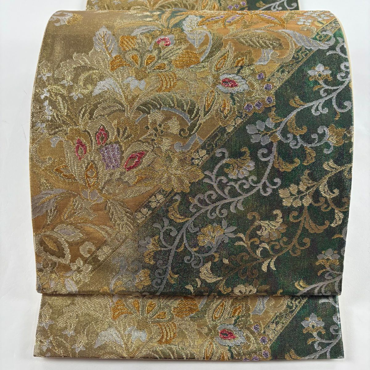 袋帶 美品 秀品級 草花紋 花唐草紋 金絲 金金箔 綠 六通 純蠶絲
