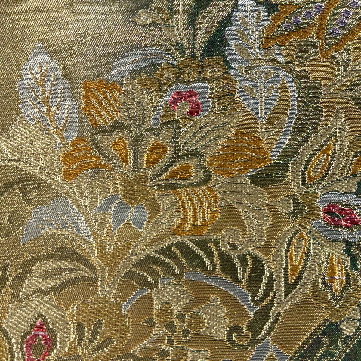袋帶 美品 秀品級 草花紋 花唐草紋 金絲 金金箔 綠 六通 純蠶絲