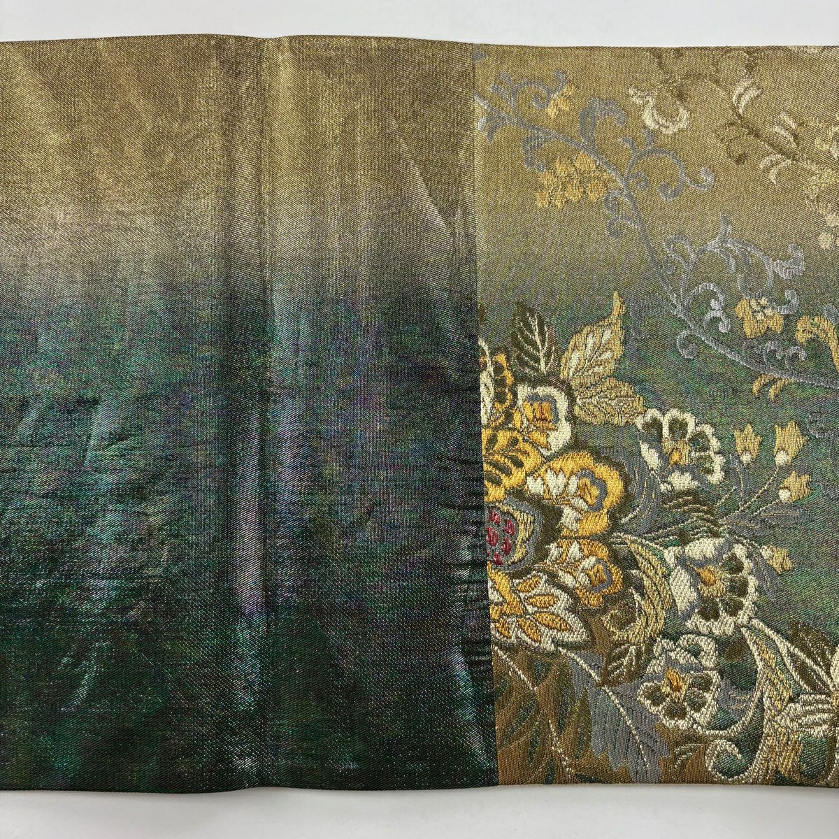 袋帶 美品 秀品級 草花紋 花唐草紋 金絲 金金箔 綠 六通 純蠶絲