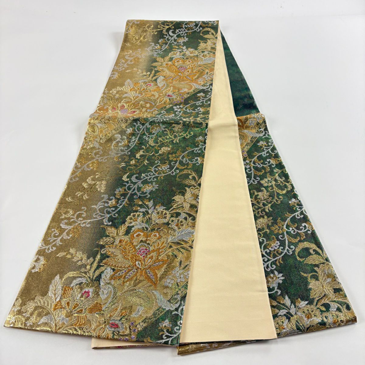 袋帶 美品 秀品級 草花紋 花唐草紋 金絲 金金箔 綠 六通 純蠶絲