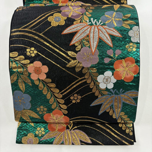 袋帶 秀品級 梅花 竹子 金銀彩 金金箔 綠 六通 純蠶絲