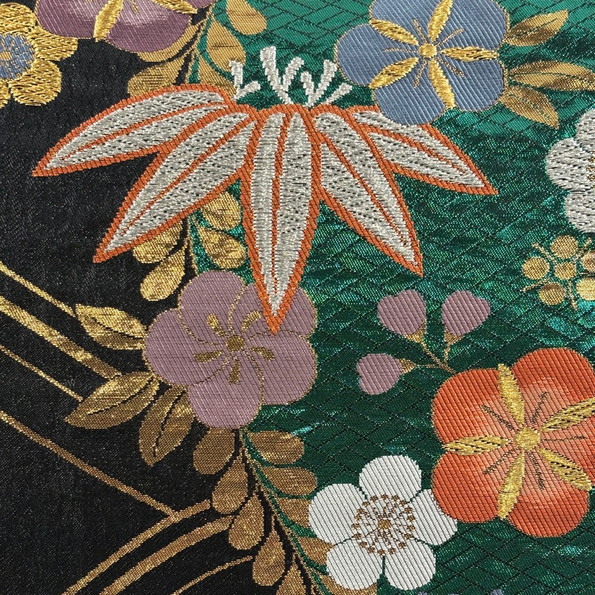 袋帶 秀品級 梅花 竹子 金銀彩 金金箔 綠 六通 純蠶絲