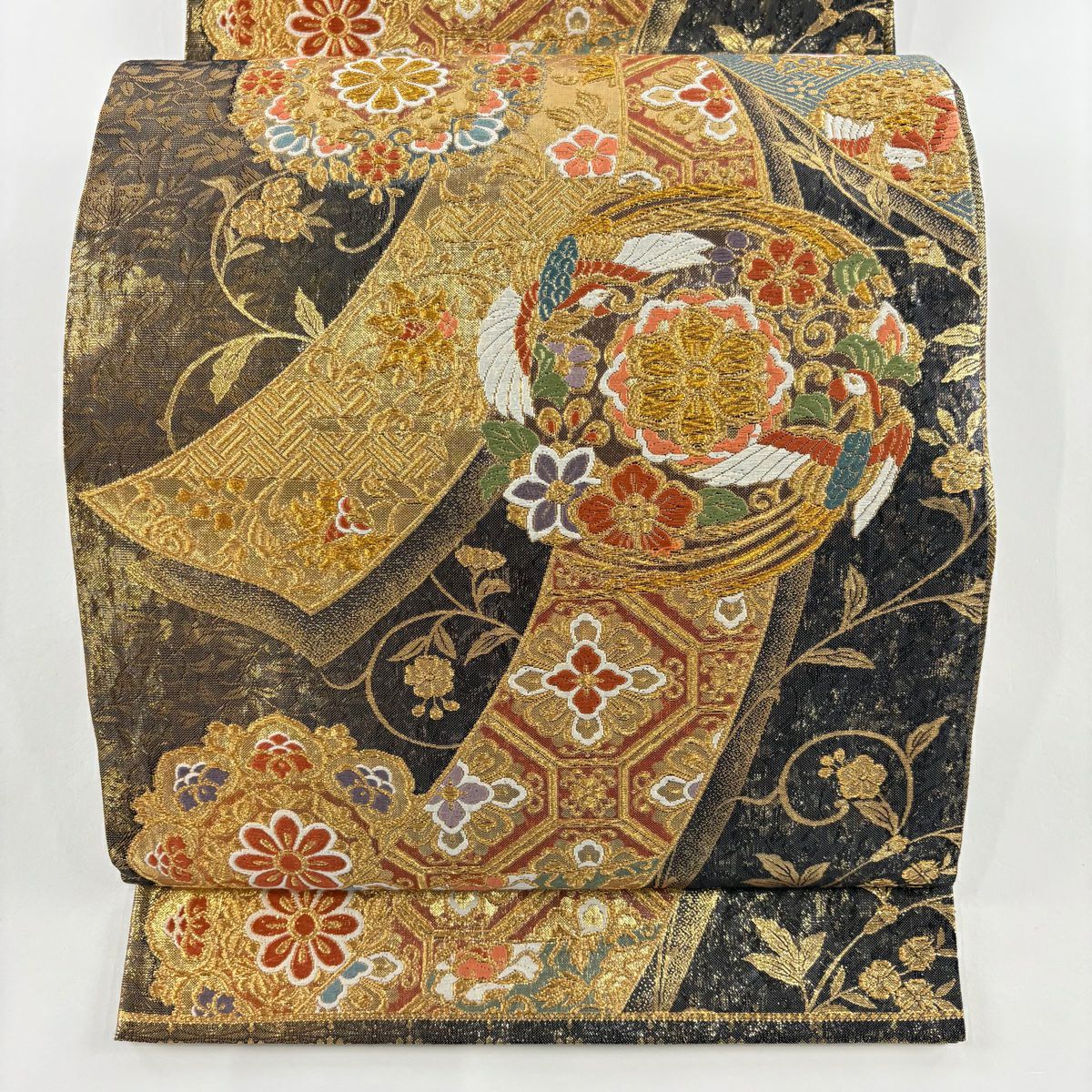 袋帶 秀品級 寶文創美錦 熨斗紋 花鳥 金絲 金金箔 灰色 六通 純蠶絲