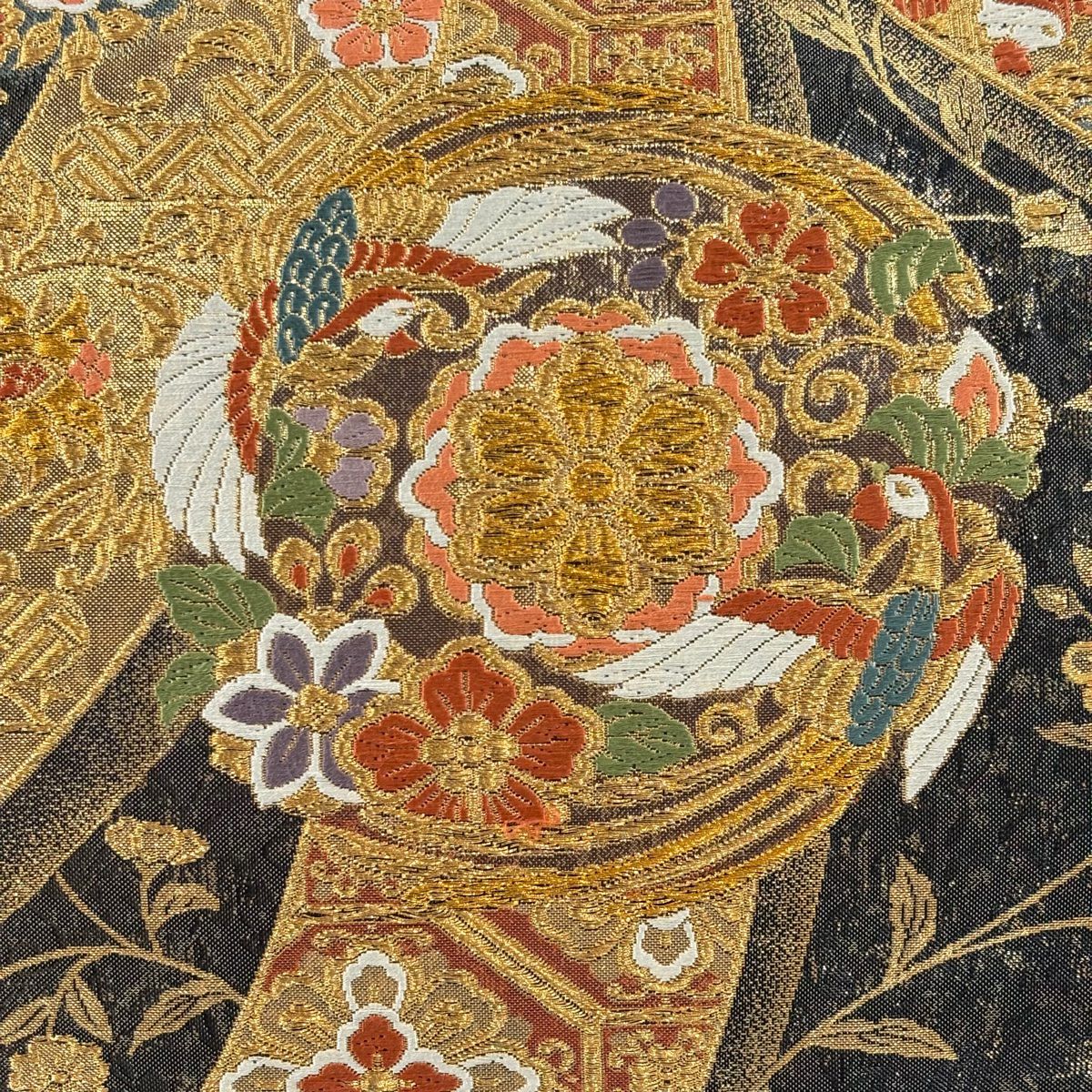 袋帶 秀品級 寶文創美錦 熨斗紋 花鳥 金絲 金金箔 灰色 六通 純蠶絲