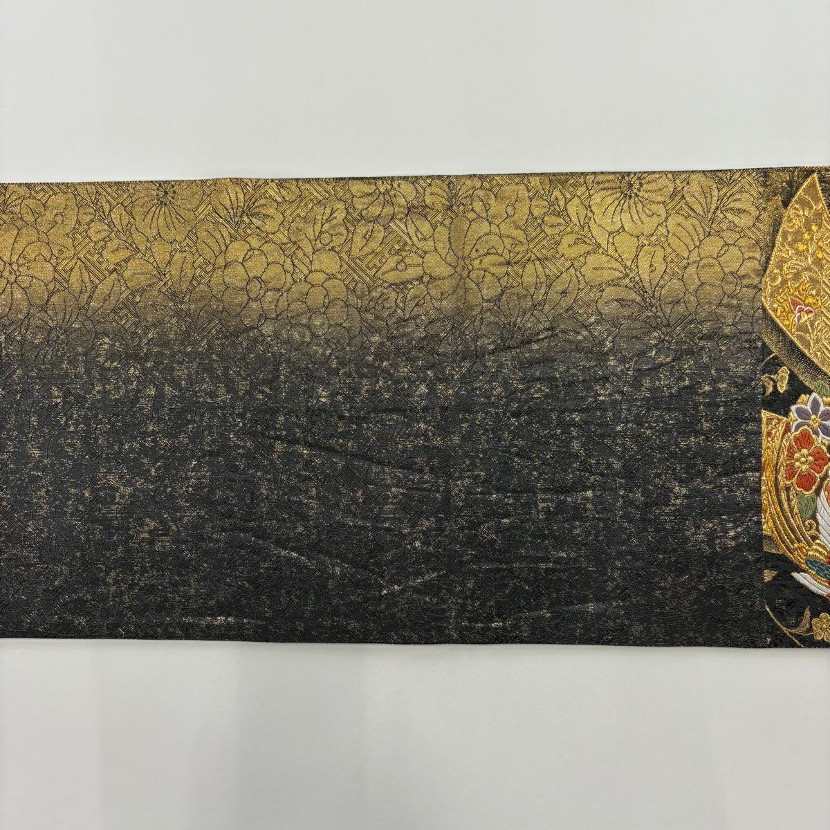袋帶 秀品級 寶文創美錦 熨斗紋 花鳥 金絲 金金箔 灰色 六通 純蠶絲