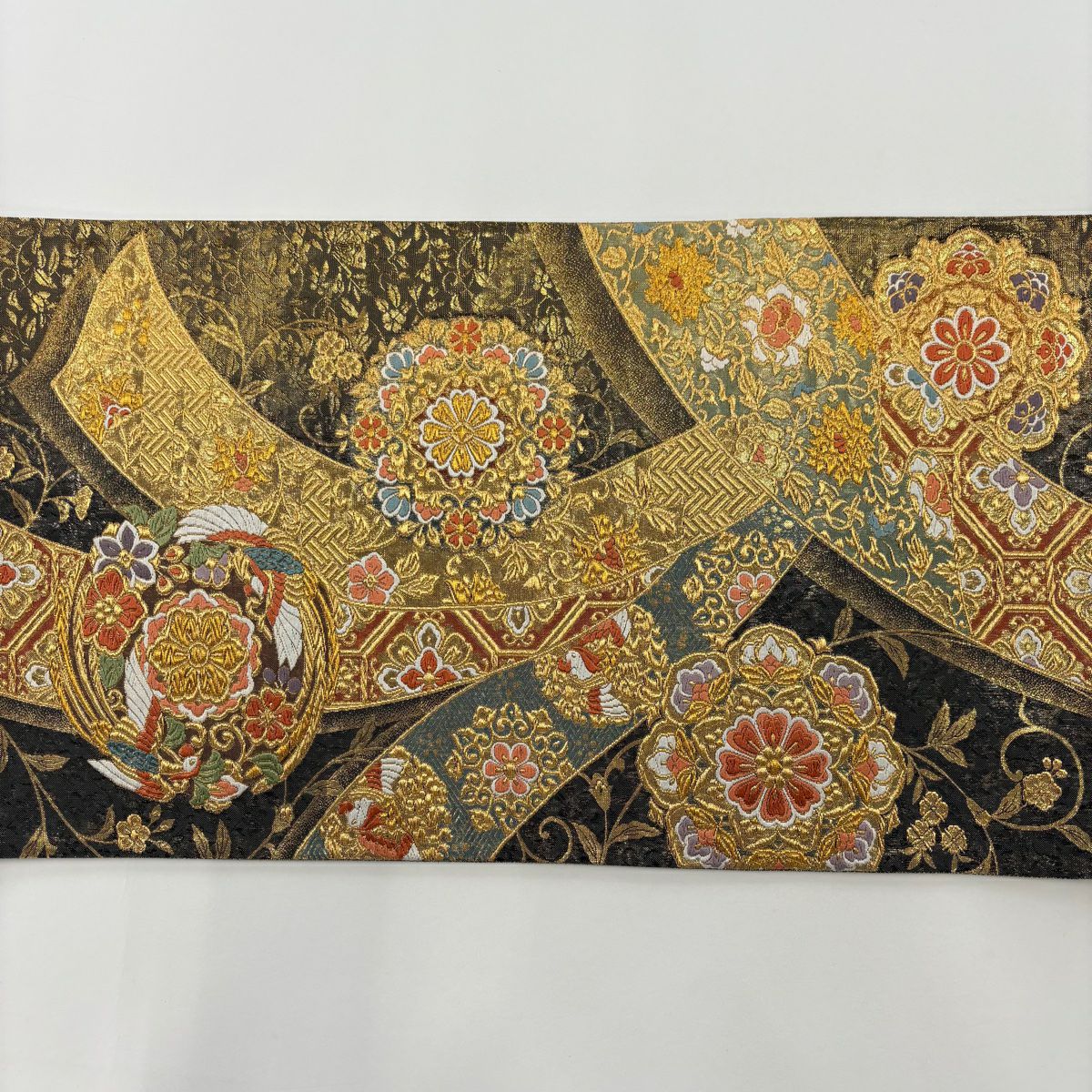 袋帶 秀品級 寶文創美錦 熨斗紋 花鳥 金絲 金金箔 灰色 六通 純蠶絲