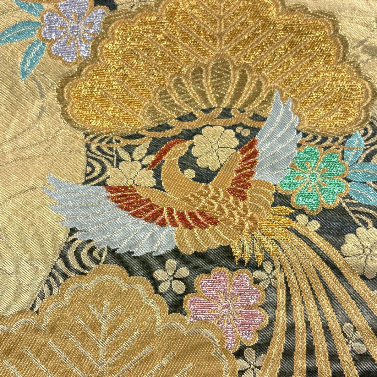 袋帶 秀品級 關西仕立 細松樹 尾長鳥 金金箔 唐織 金 六通 純蠶絲