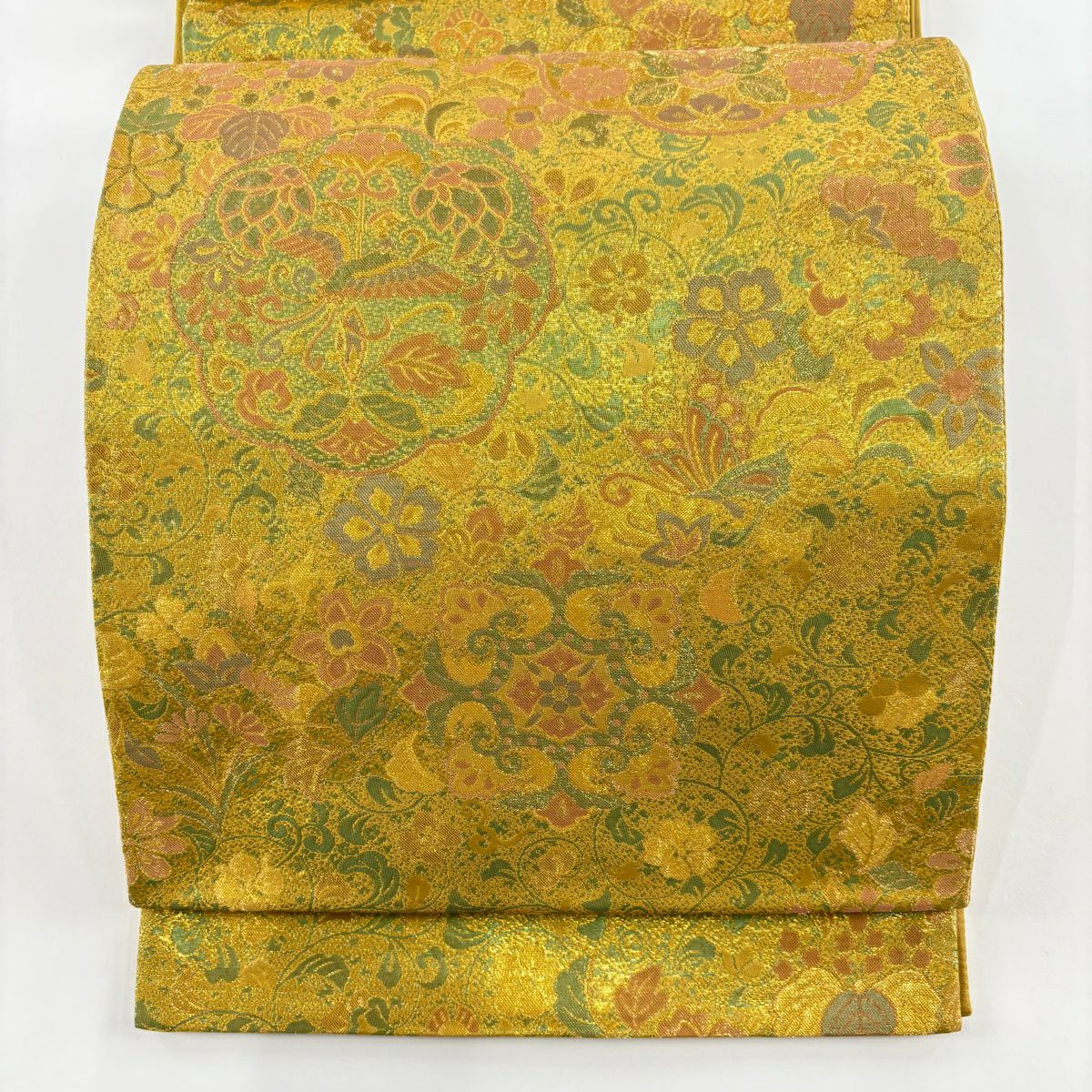 袋帶 美品 秀品級 向鳥 草花紋紋 金金箔 金色 六通 純蠶絲