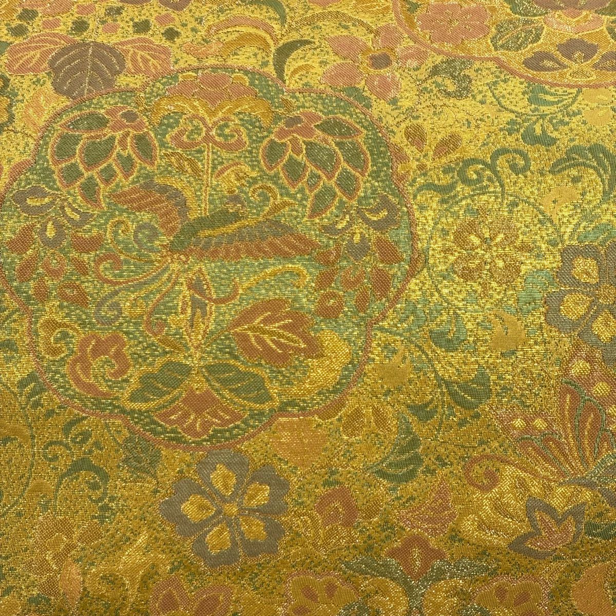 袋帶 美品 秀品級 向鳥 草花紋紋 金金箔 金色 六通 純蠶絲