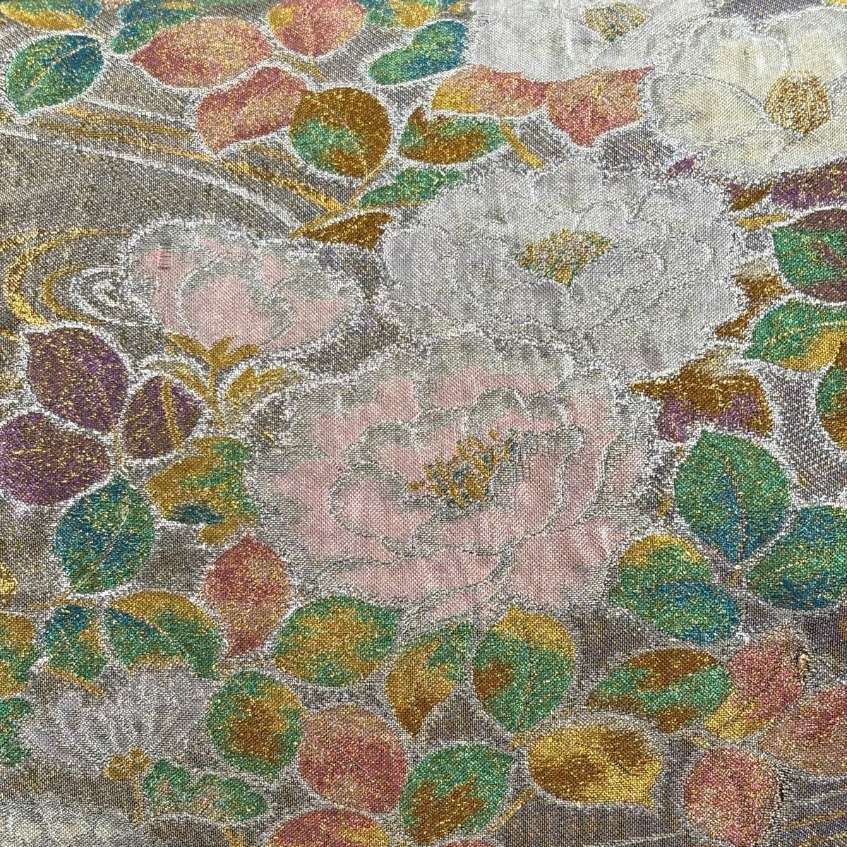 袋帶 美品 秀品級 草花紋紋 流水 金金箔 灰茶 六通 純蠶絲