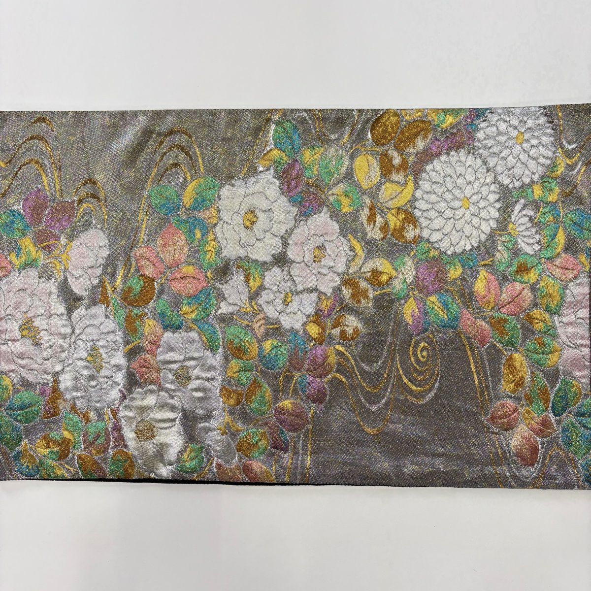 袋帶 美品 秀品級 草花紋紋 流水 金金箔 灰茶 六通 純蠶絲
