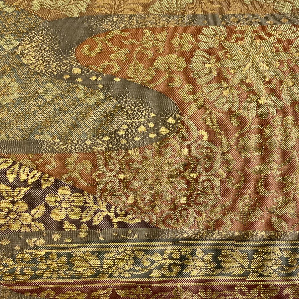 袋帶 美品 秀品級 花唐草紋 霞 金絲 金金箔 金茶 六通 純蠶絲