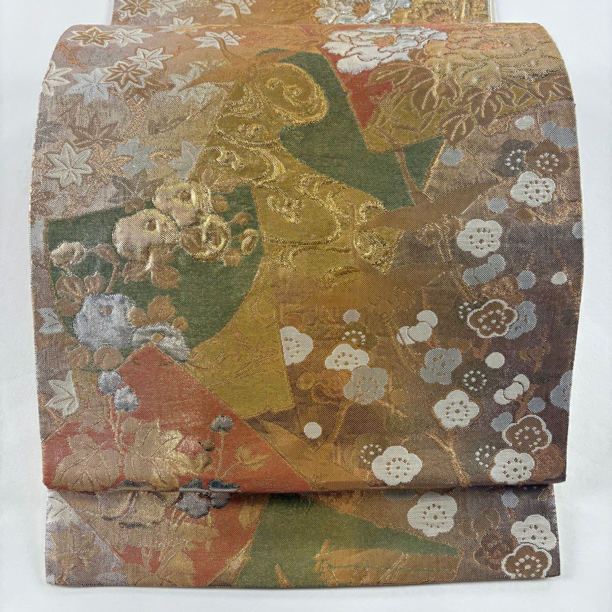 袋帶 美品 秀品級 色紙 花鳥 金絲 金金箔 金色 大鼓圖案 純蠶絲