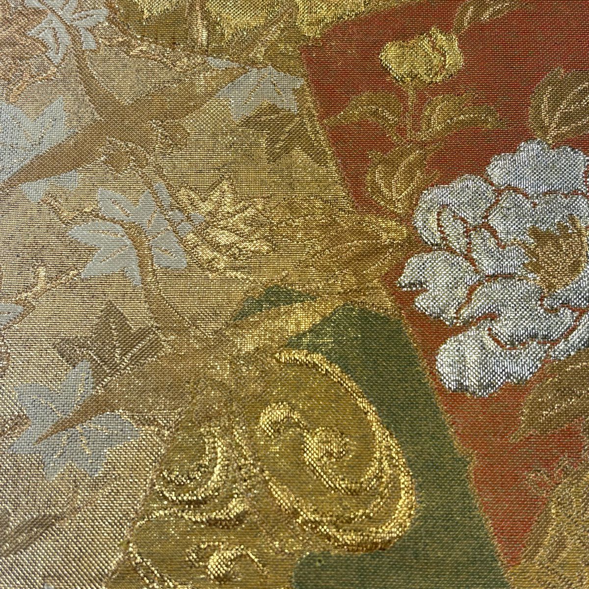 袋帶 美品 秀品級 色紙 花鳥 金絲 金金箔 金色 大鼓圖案 純蠶絲
